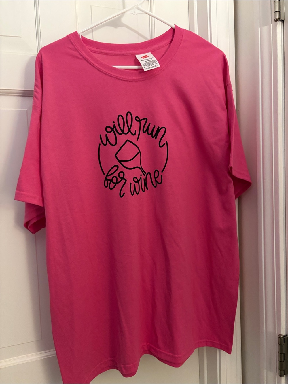 Hanes Hot Pink T-Shirt with Black 'Will Run for Wine' Graphic